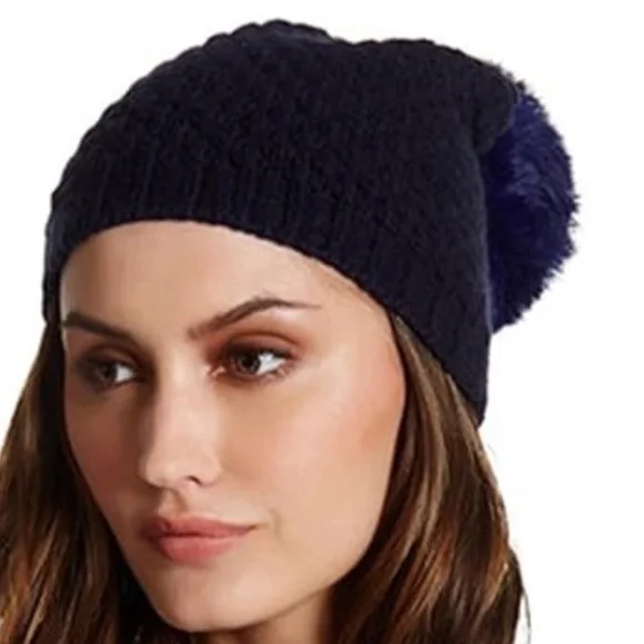 Portolano 
Portolano Waffle Knit & Genuine Rabbit Fur Pom Cashmere Beanie - Picture 3 of 4